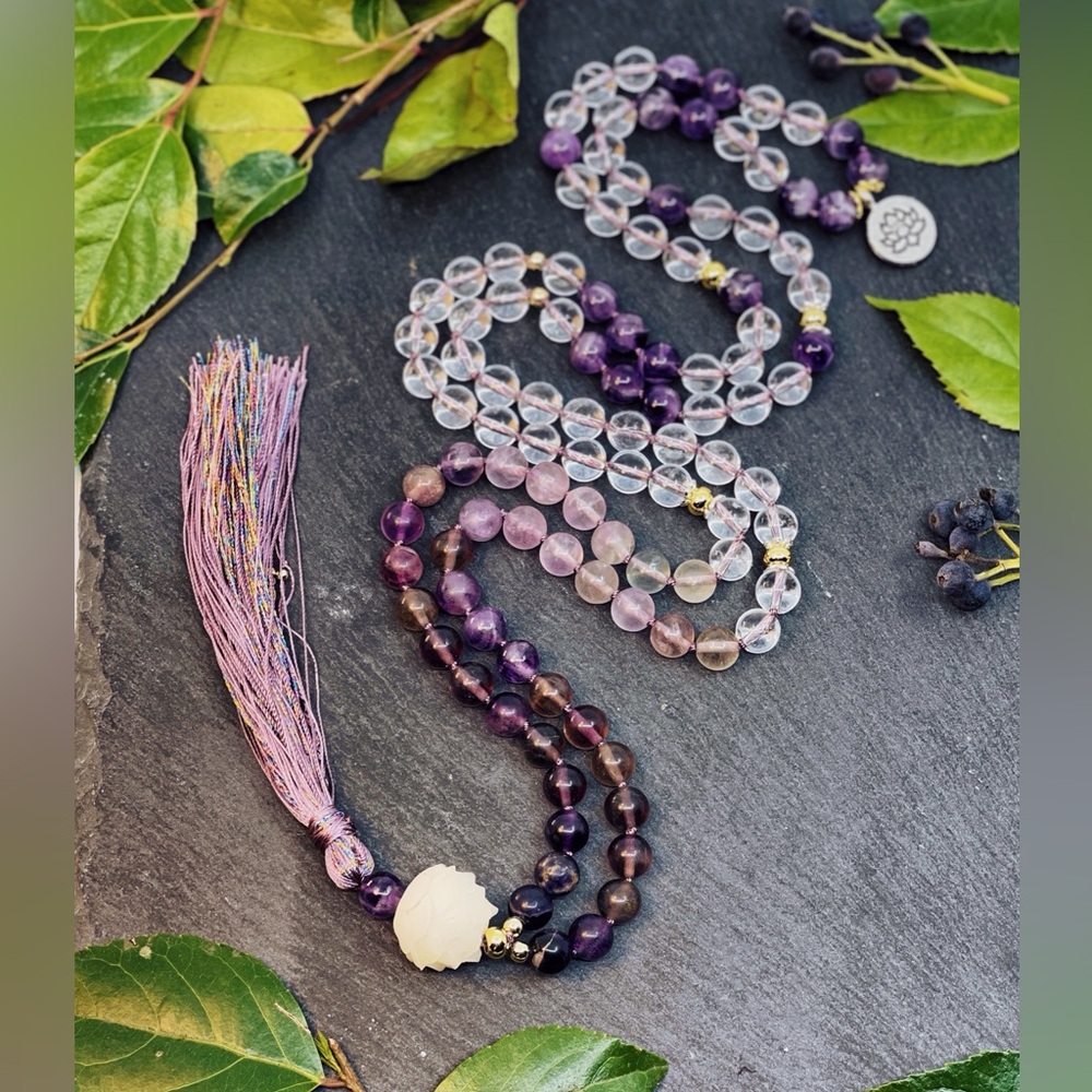 108 Bead Clear Quartz and Amethyst Mala Necklace
